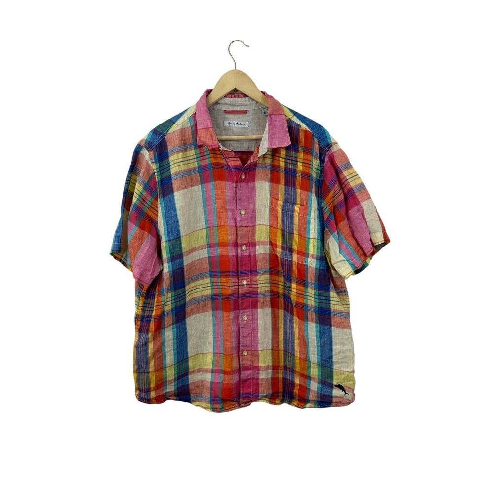 Tommy Bahama X-Large Linen Button Front Short Sleeve Plaid Mens